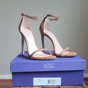 Unworn, Stuart Weitzman Orange & Brown Ankle Strap Heels, Size 7M
